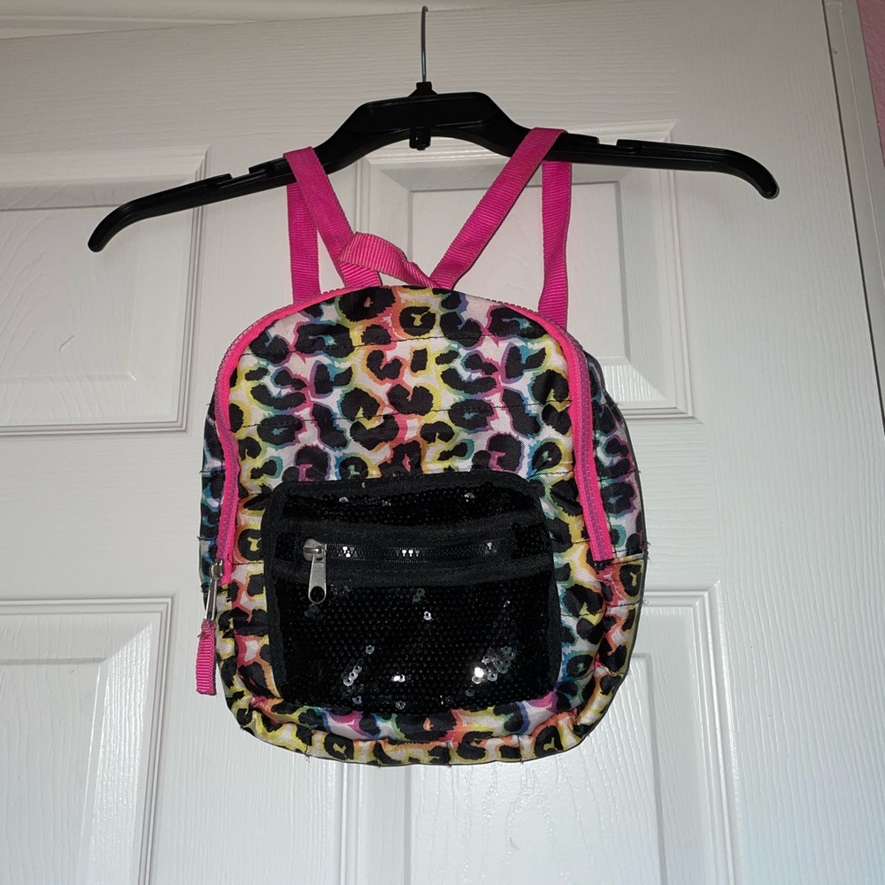 Leopard print sequin and rainbow mini backpack